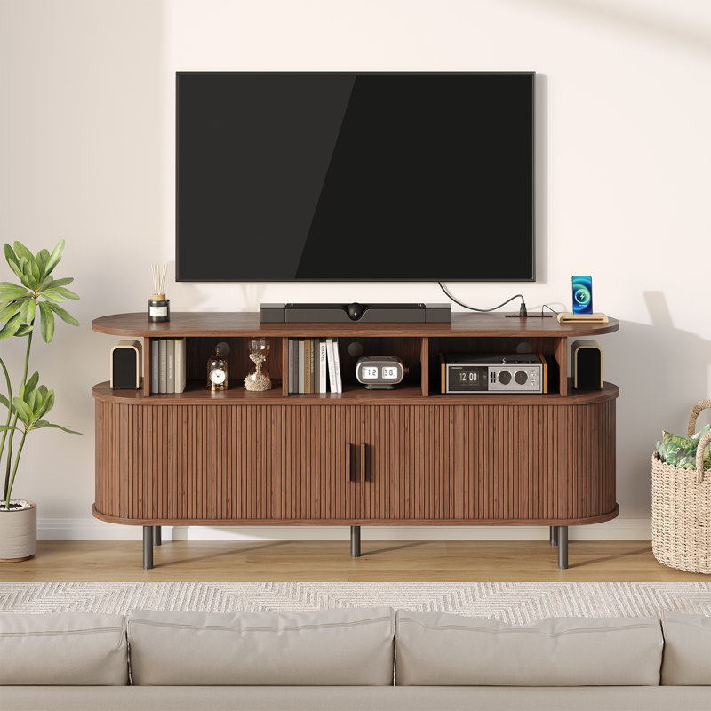Grand meuble rond pour platine vinyle avec station de charge, meuble de rangement pour disques vinyles avec porte coulissante, meuble de style moderne du milieu du siècle avec étagères ouvertes pour chambre ou salon