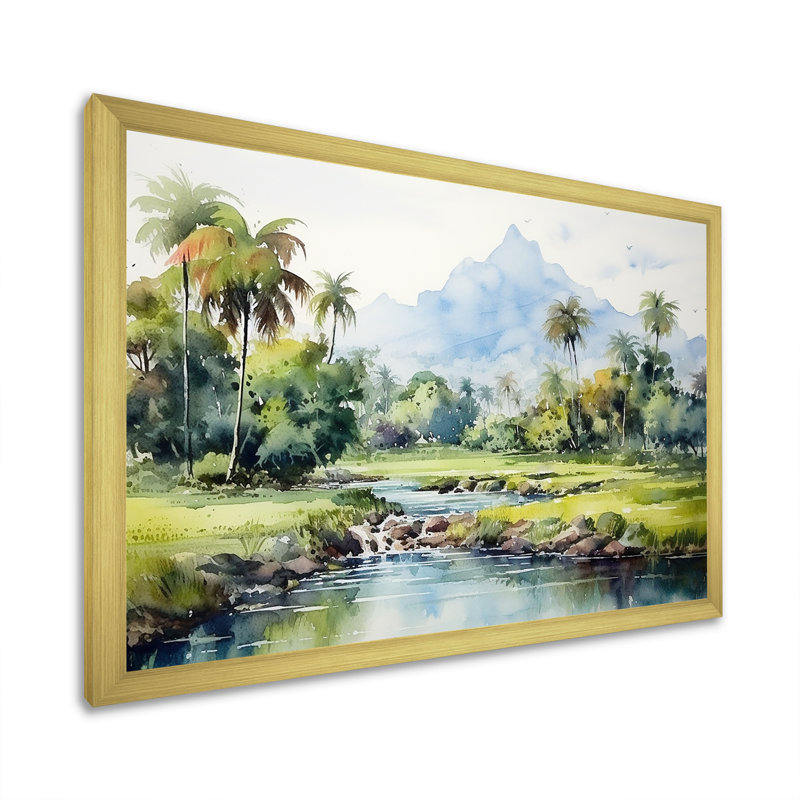 Paysage indonésien - Art mural Indonésie, H 12 po x l 20 po x P 1 po, Cadre d'angle fermé doré
