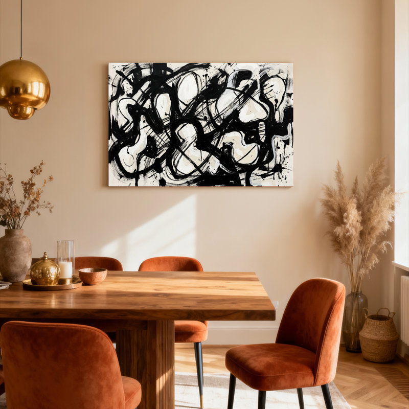 Ensemble de 1 tableau abstrait noir et blanc à coups de pinceau sur toile tendue, H 12 po x l 18 po