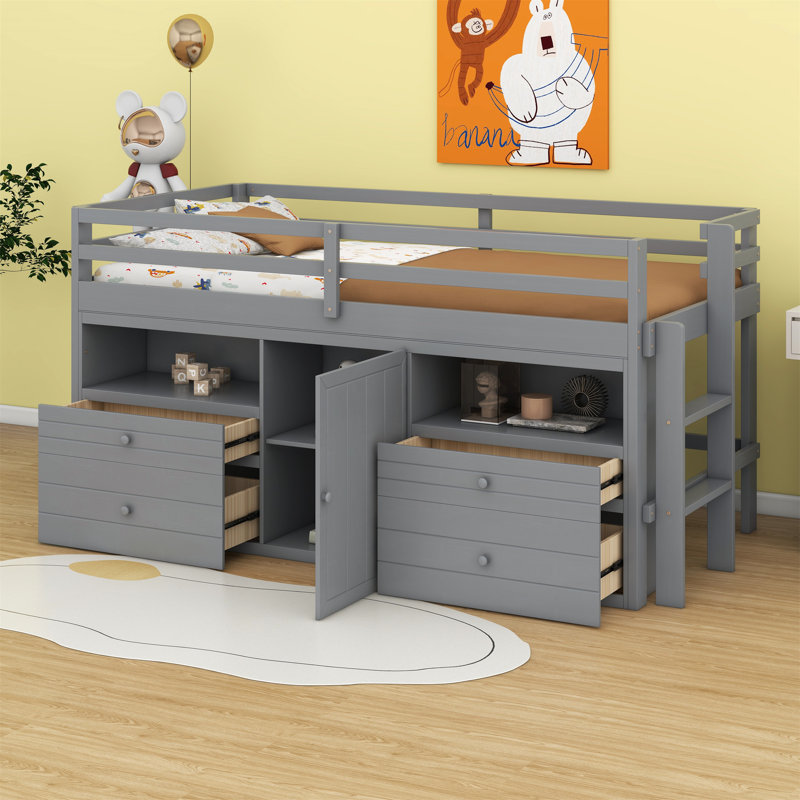 Lit mezzanine avec tiroirs, sous l'armoire et les tablettes, Gris