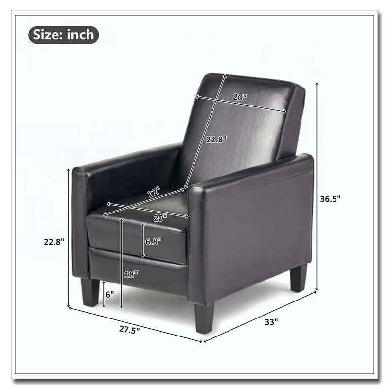 27.5" Push Back Recliner Chair Upholstered Recliner Armchair with Solid Beech Wood Legs, Polyester, Black