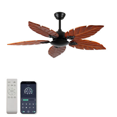 Ventilateur de plafond tropical (sans lumière), ventilateur de plafond intérieur / extérieur Palm Leaf pour patio et salon, ventilateur réversible, bronze noir