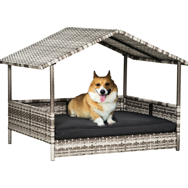 Niche pour chien surélevée avec auvent, de froid, pour chiens de taille moyenne, auvent gris et coussin d'eau, crème, petit à moyen