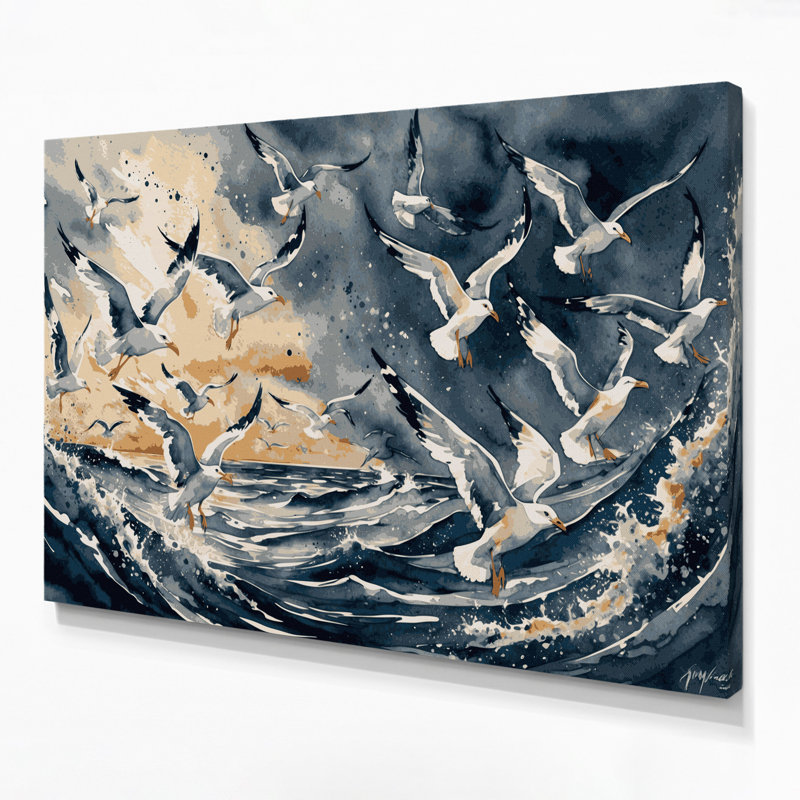 Oiseaux, goéland argenté et toile beige, H 20 po x l 24 po