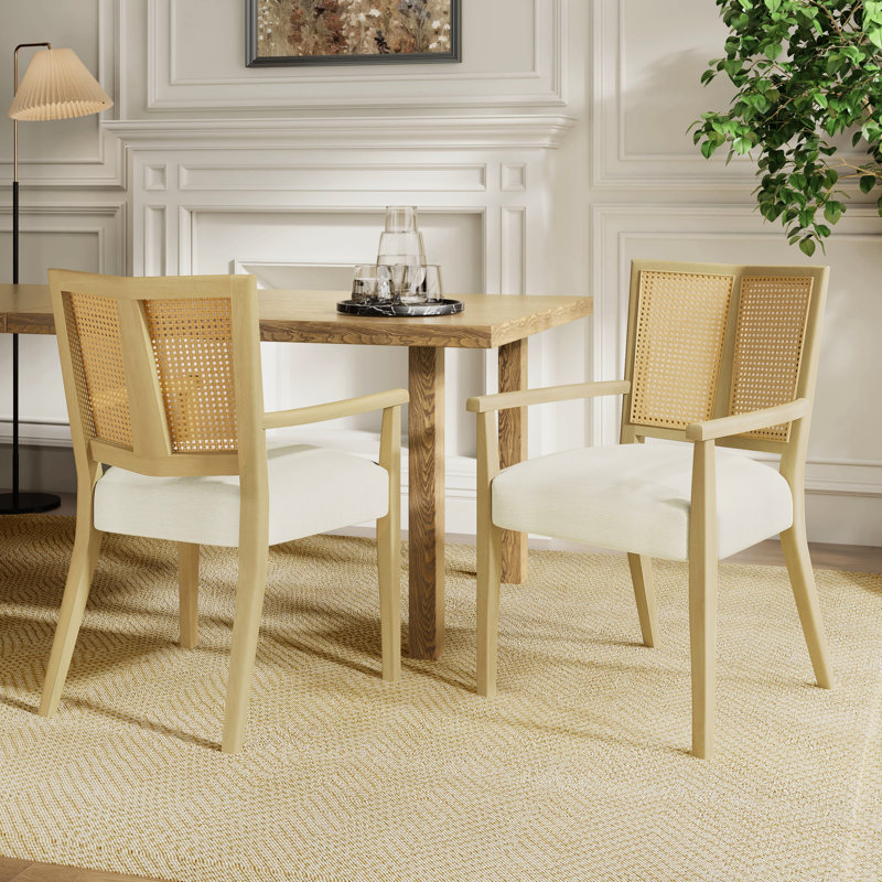 Ash And Beige Arm Dining Chair - Solid Rubberwood Structure, Wrinkle Upholstery, Ideal For Different Spaces Two In Unique Cane Back Chair Design, Comfortable Sitting, Structure