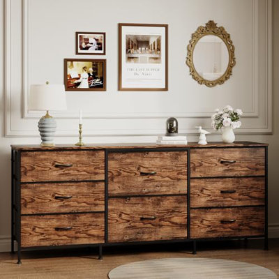 63" TV Stand with 8 Fabric Drawers and Wooden Top, Metal Frame Media Console Storage Organizer for Bedroom or Living Room