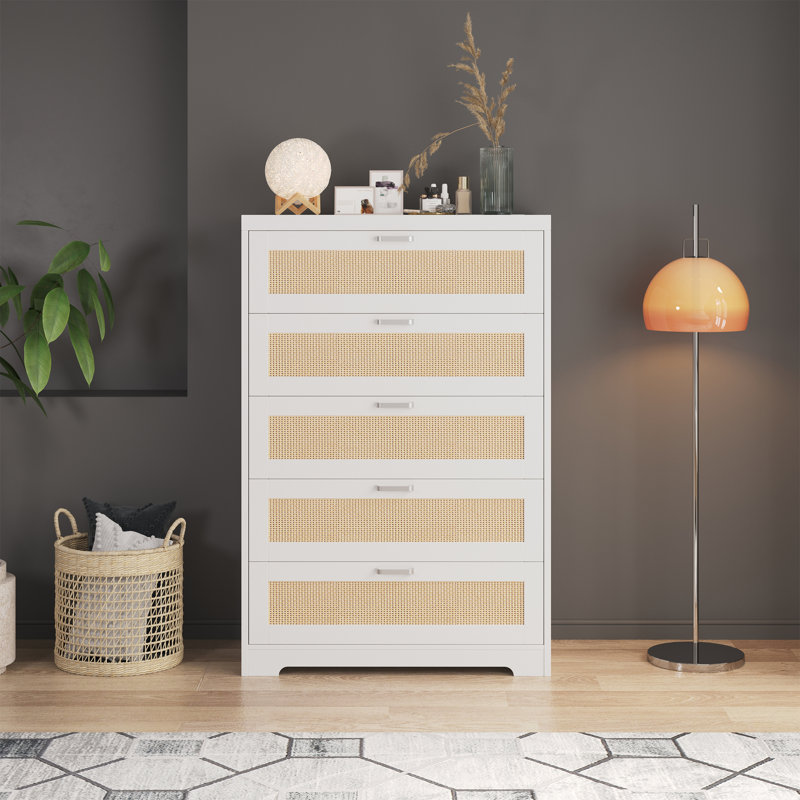 Commode 5 tiroirs en rotin, commode en bois avec plateau large, Blanc