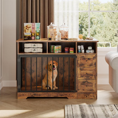48 Inch Farmhouse Dog Crate Furniture with Feeding Bowls & Drawers, Wooden Dog Kennel Cabinet for Medium to Large Dogs, Decorative Indoor Pet Cage End Table for Living Room
