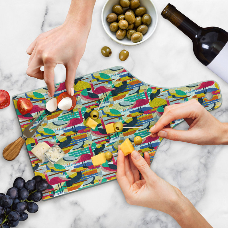Ambesonne Birds Tempered Glass Cutting Board Toucan and Flamingos Multicolor