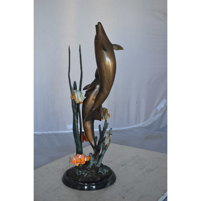 Valleystone Two dolphins with fish, table top bronze statue. -  Size: 8"L x 8"W x 22"H. 