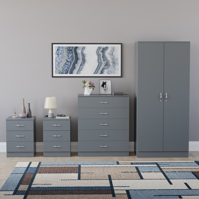 Tayce 4 Piece Bedroom Set (3 Drawer Bedside Cabinet X2, 5 Drawer Chest, 2 Door Wardrobe), Grey