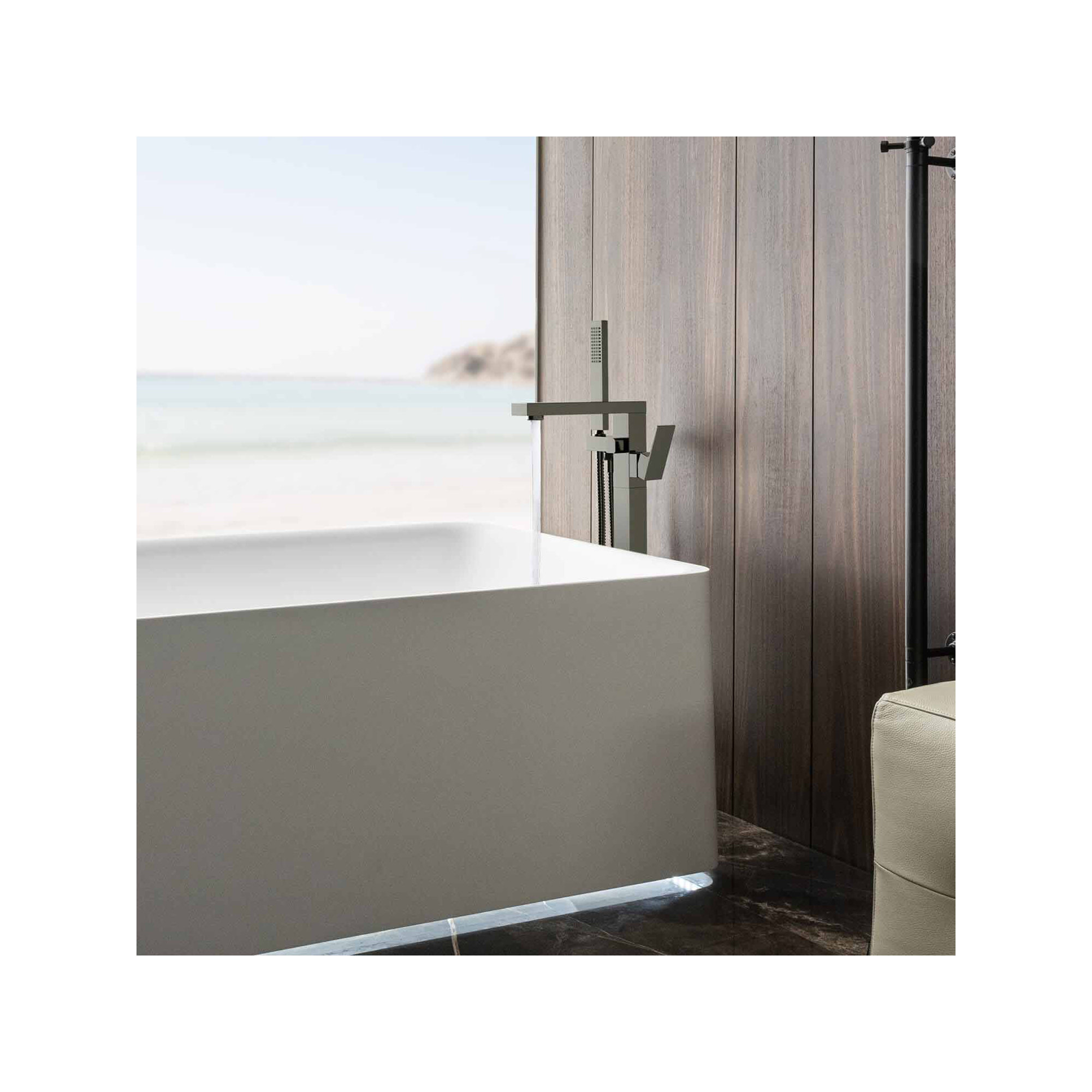 Cube Floor Tub Spout with Diverter, Brushed Nickel