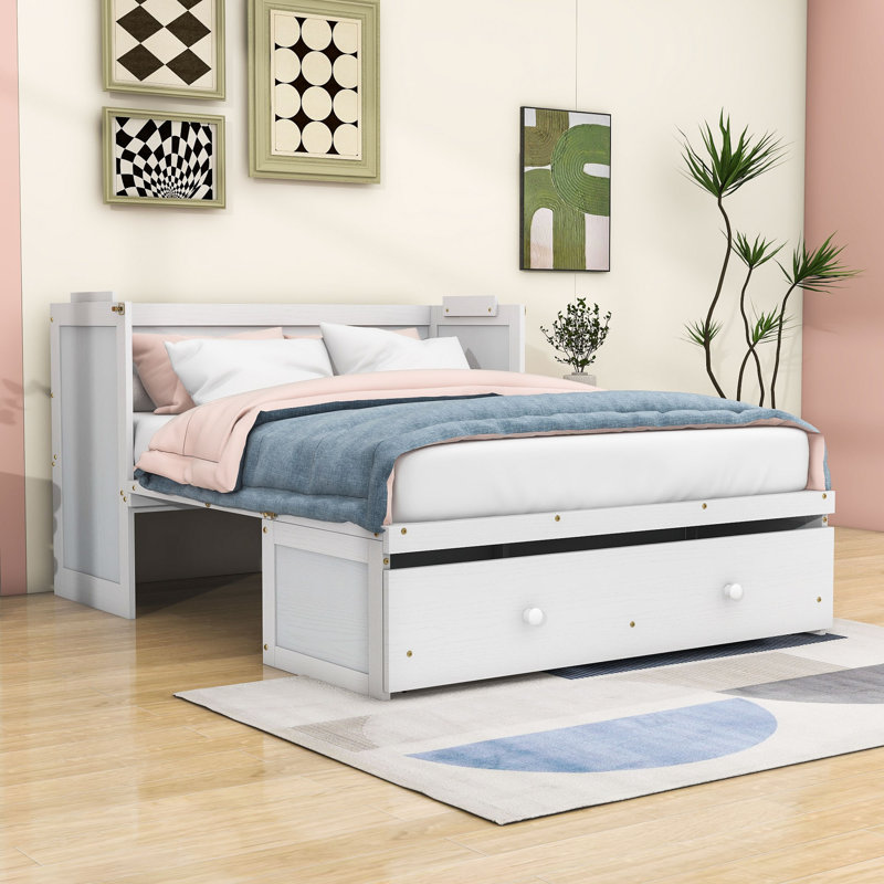 Lit escamotable en bois avec port USB et tiroir, Double, White