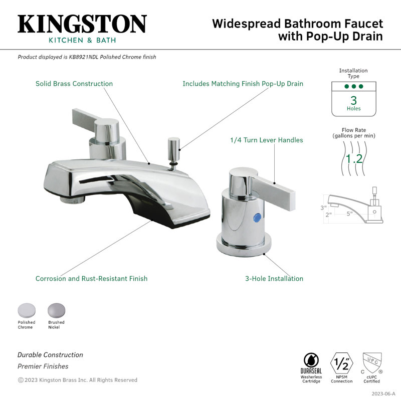Robinet de salle de bain espacé à deux poignées à 3 poignées et fixation sur le comptoir Kingston, Nickel brossé
