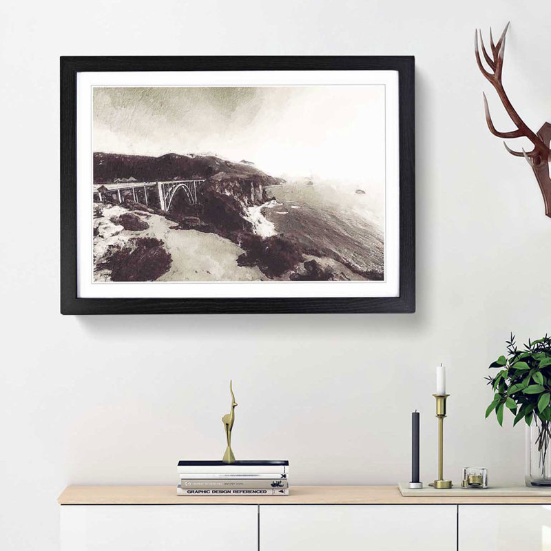 The Bixby Creek Bridge in California - Picture Frame Painting Print, 35cm H x 50cm W x 2cm D, Black