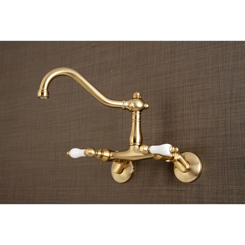 Brushed Brass Double-Handle Wall-Mount Kitchen Faucet