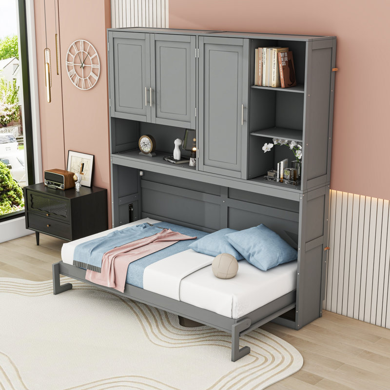 Lit escamotable simple avec armoire supérieure, tablettes, ports USB et lumière, Gris