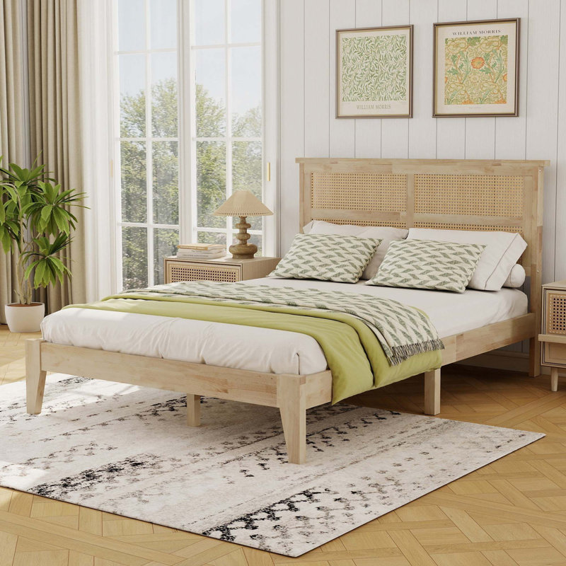 Full Size Solid Wood Bed with Rattan Headboard and Central Support