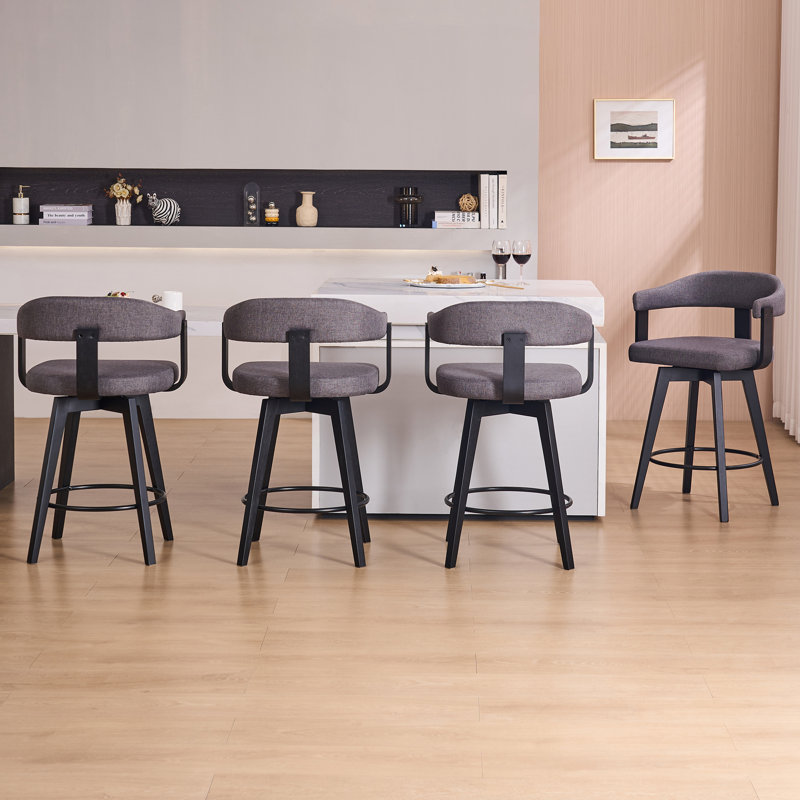 Tabouret de bar pivotant revêtu de lin 26 po, Noir, Lin gris foncé, 4