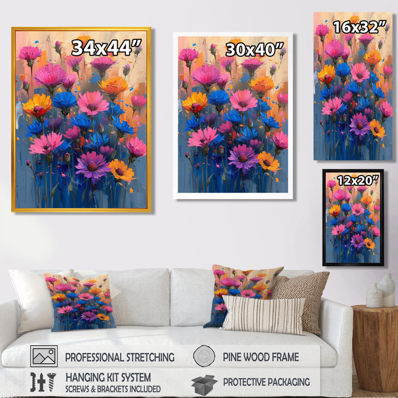 Fleurs bleues et bleues éclatantes - Art mural, Toile encadrée noire simple, H 32 po x l 24 po x P 1 po