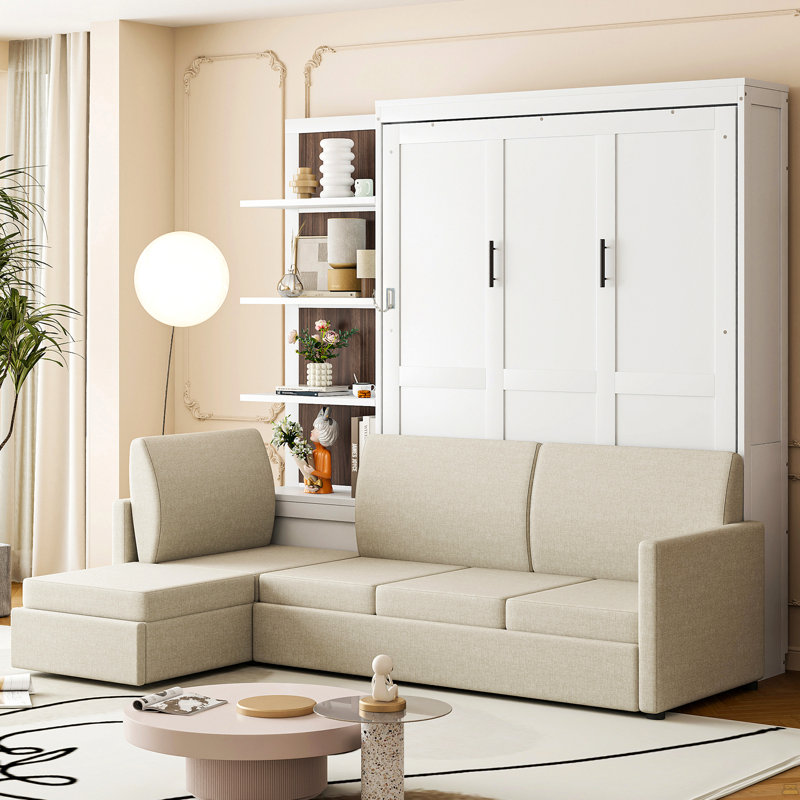Grand lit escamotable mural avec canapé et tablettes, Blanc