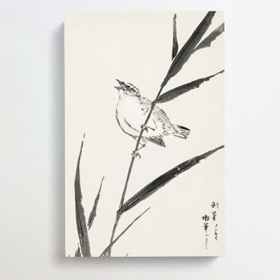 Bunting Bird upon a Reed by Numata Kashu - Wrapped Canvas