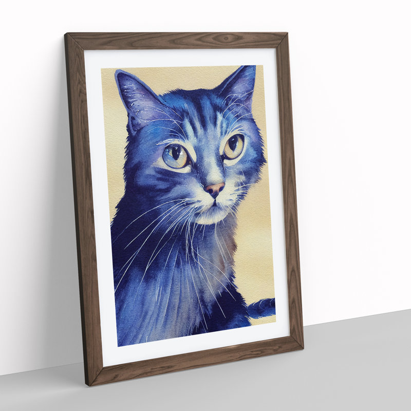 Cat Watercolour No.3 - Wall Art, 36cm H x 27cm W x 2cm D, Walnut Framed, White