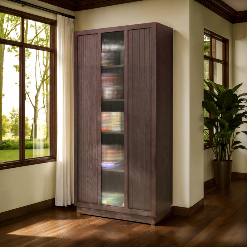 Nora 5-Shelf Sliding Door Storage Cabinet, Brown