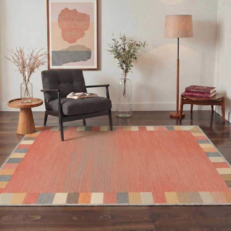 Aura Modern Geometric Machine Washable Orange Indoor Area Rug with Non-Slip Backing, Round 5'