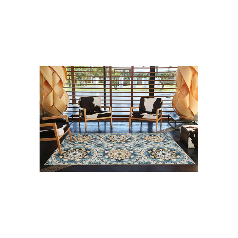 Tapis bleu lavable à motif géométrique, Sous-tapis rectangulaire 4 pi 7 po x 6 pi 7 po inc