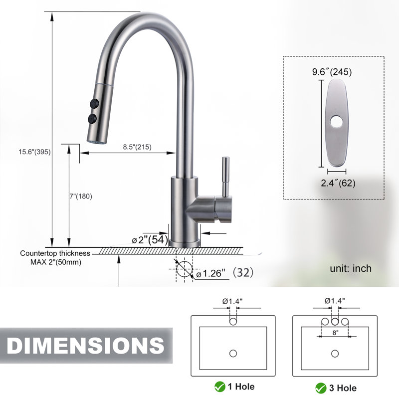 Single Handle 1.8Gpm Pull Down Sprayer Kitchen Faucet Deck Plate Included In Brushed Nickel, Brushed Nickel