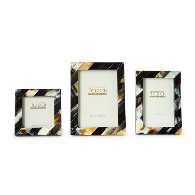 Set of 3 Black Horn Inlay Decorative Photo Frames for Tabletop Display, 4 x 4, 4 x 6 and 5 x 7 Inches
