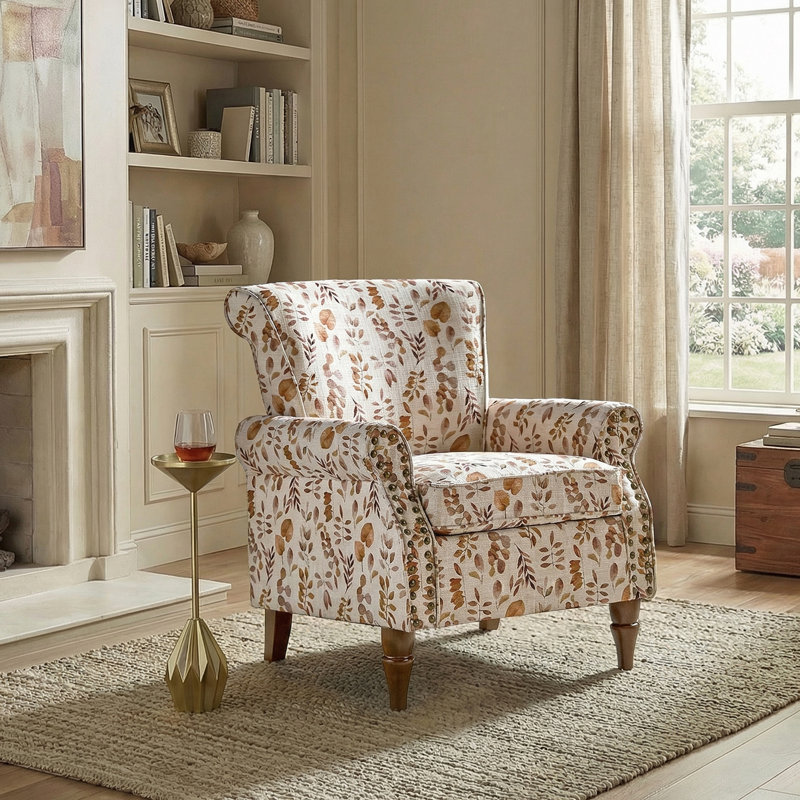 Asul Armchair with Nailhead Trim, Beige Polyester Blend