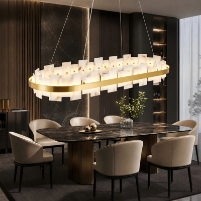 Lustre suspendu rectangulaire à DEL en faux albâtre de 46,8 pouces, doré, moderne et luxueux, réglable, pour salle à manger, îlot de cuisine et salon.