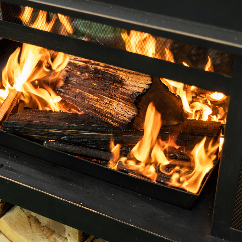 Black Steel 40'' Outdoor Fire Pit with Wood Storage
