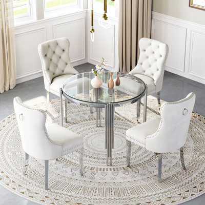37"Modern Glass Dining Table Set, Irregular Stainless Steel Table Legs And Velvet Tufted Backrest Chairs