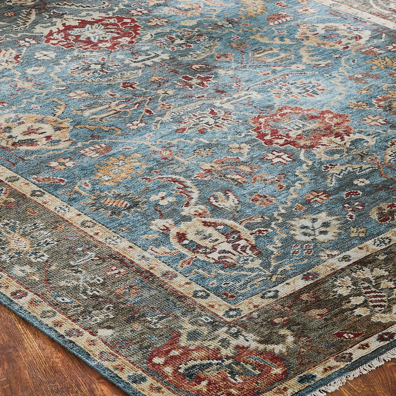 Hand Knotted Wool Area Rug in Blue, Rectangle 9' x 12'