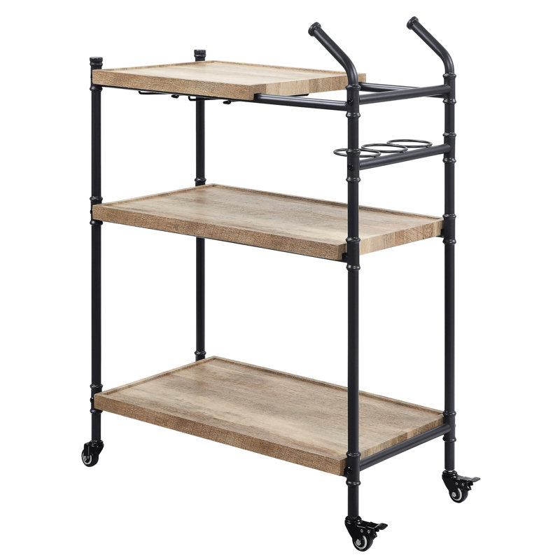 Oak And Sandy Black Serving Cart - Industrial Style With Stemware , Lockable Wheels, Spacious Storage 2-Shelf For Black, Space