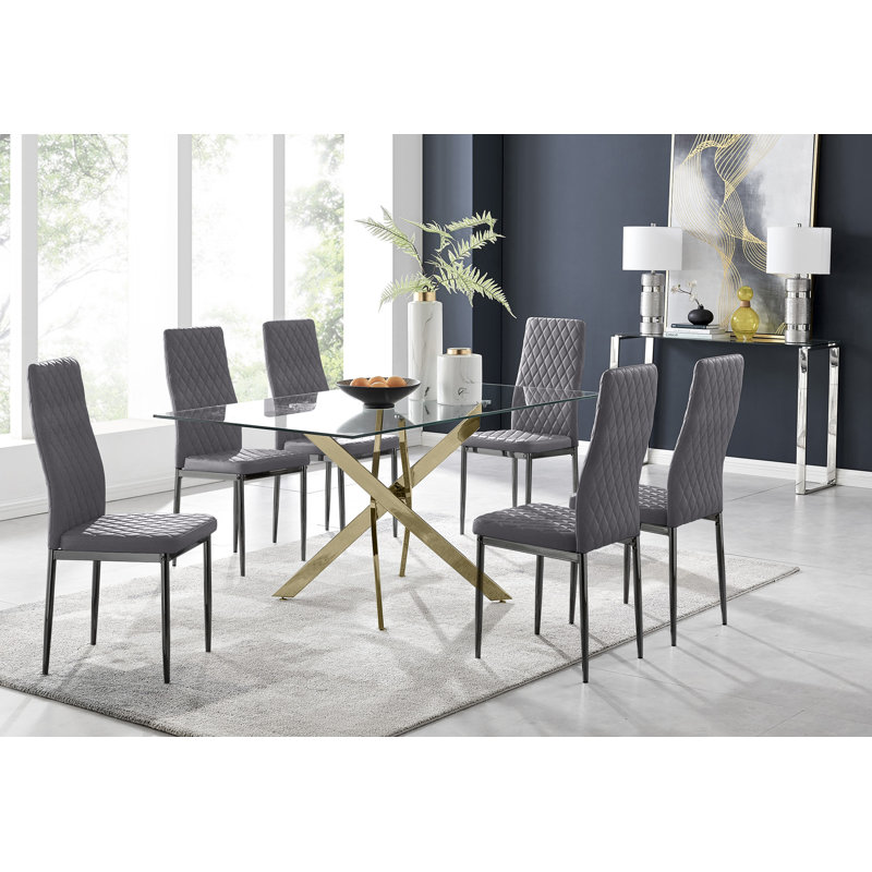 Lenworth Glass Rectangular Dining Table Set with 6 Quilted Velvet Dining Chairs, Grey, Silver