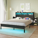 Bed Frame with Headboard & 2 Hidden Storage Cabinets, Bed with Charging Station &  RGB LED Lights