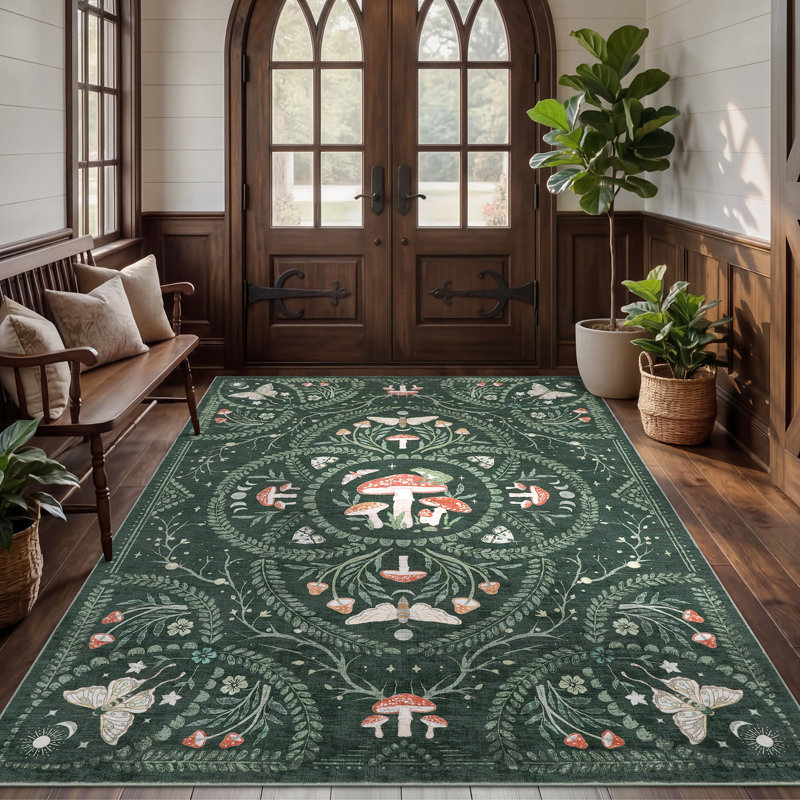 Tapis à poils courts à motif champignon gothique pour salon, chambre et cuisine, Vert, 5 x 7 pi