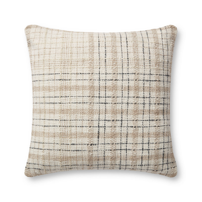 Beige and Black Plaid 22" Round Cotton-Polyester Pillow