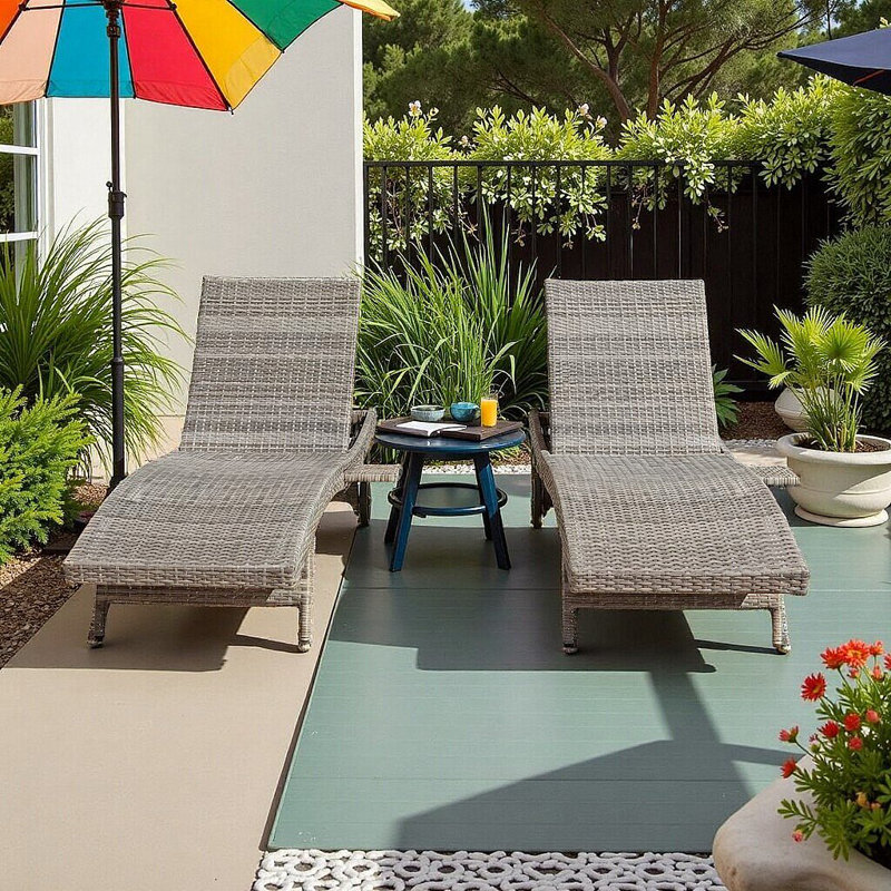 2‑Set Outdoor Chaise Lounge with Pull‑Out Side Table & 5‑Position Adjustable Backrest, Gray