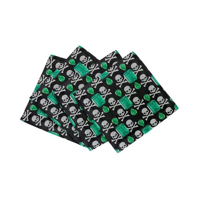Gem Emeralds Skull Cotton Sateen Cocktail Napkins, Black