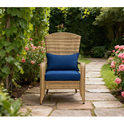 Comfortable Rattan Wicker Patio Chair with Tall Curved Backrest and Soft Cushions for Indoor and Outdoor Use