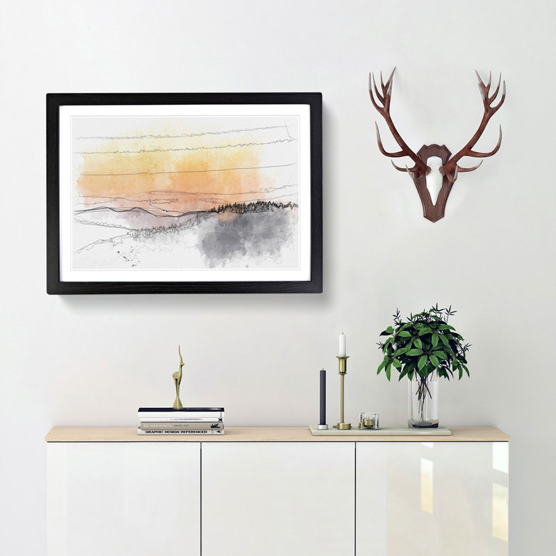 Sunset View Sketch - Picture Frame Graphic Art Print, 40cm H x 60cm W x 2cm D, Black Framed