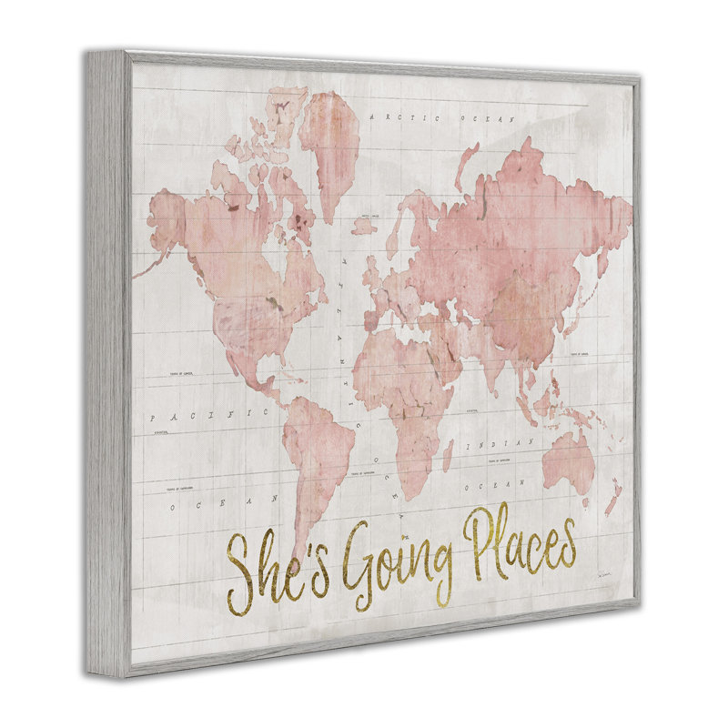 «She's Going Places Quote Pink Watercolor World Map» par Sue Schlabach - impression sur bois, H 24 po x l 30 po