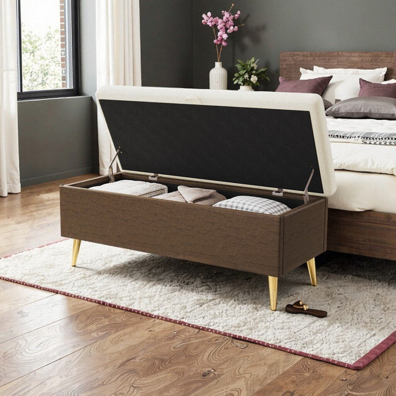 44.7L x 17.9W x 19.3H Upholstered Storage Ottoman Bench With Boucle Fabric And Metal Legs, Beige