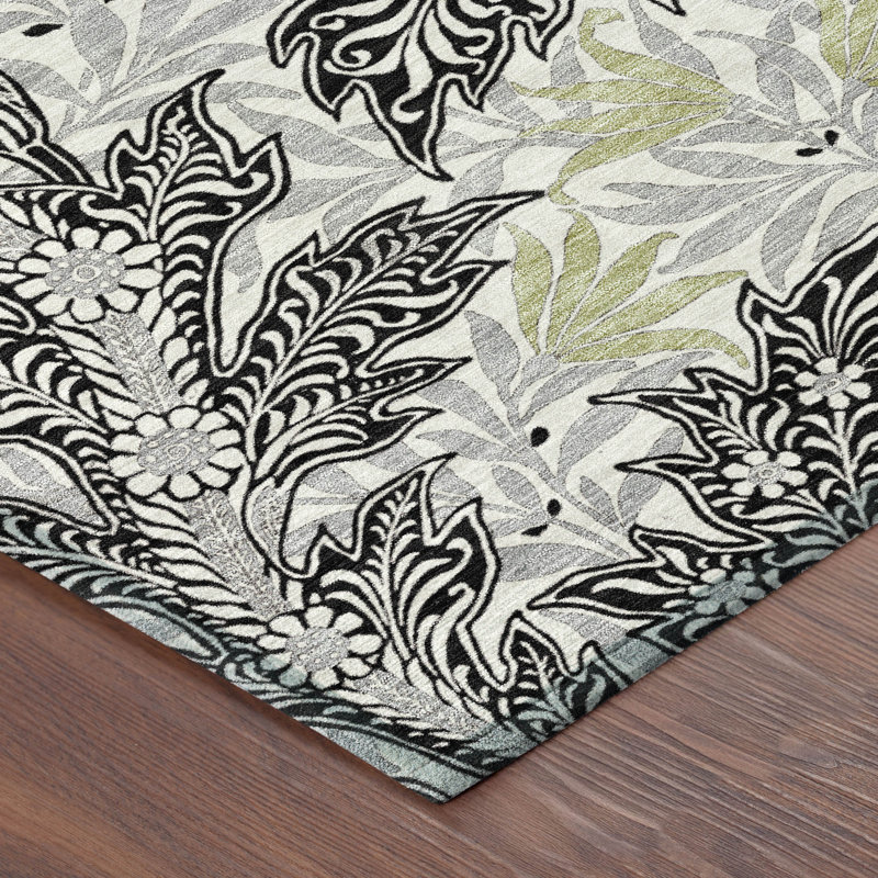 Machine Washable Indoor/Outdoor Chantille ACN2753 Botanical Rug, 10' x 14', Black