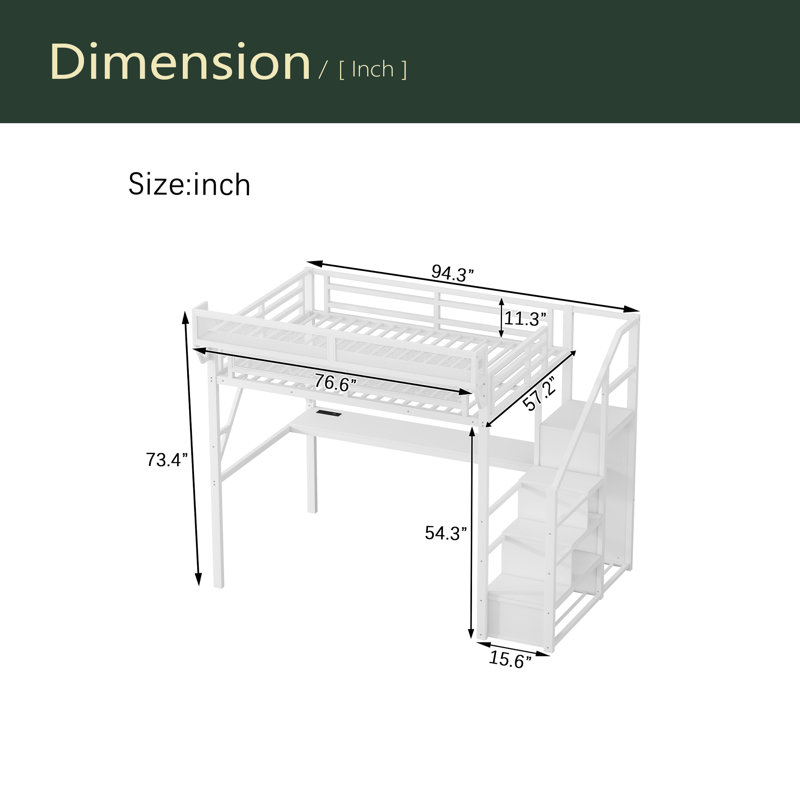 Lit mezzanine double en métal avec escalier et lumière pour enfants adolescents, Gris, Lit double